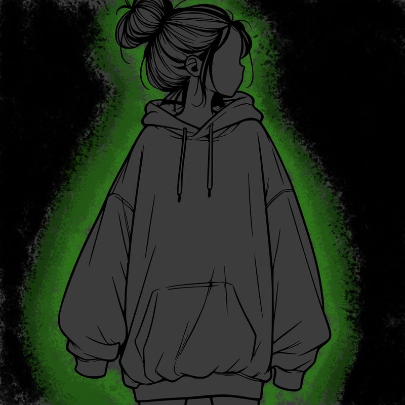realistic girl with a oversized sweatshirt on and a bun