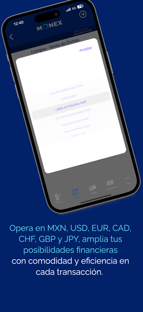 Monex Móvil - Pantalla de cambio de divisas de la aplicación Monex Movil que muestra múltiples opciones de divisas, incluyendo USD, EUR y GBP