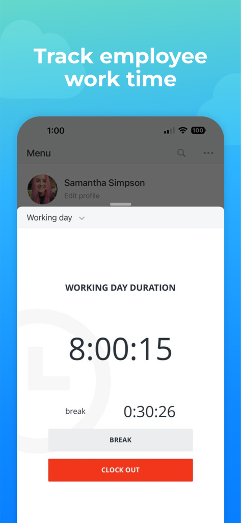 Interfaz de la aplicación móvil Bitrix24 para rastrear las horas de trabajo y la duración de los empleados
