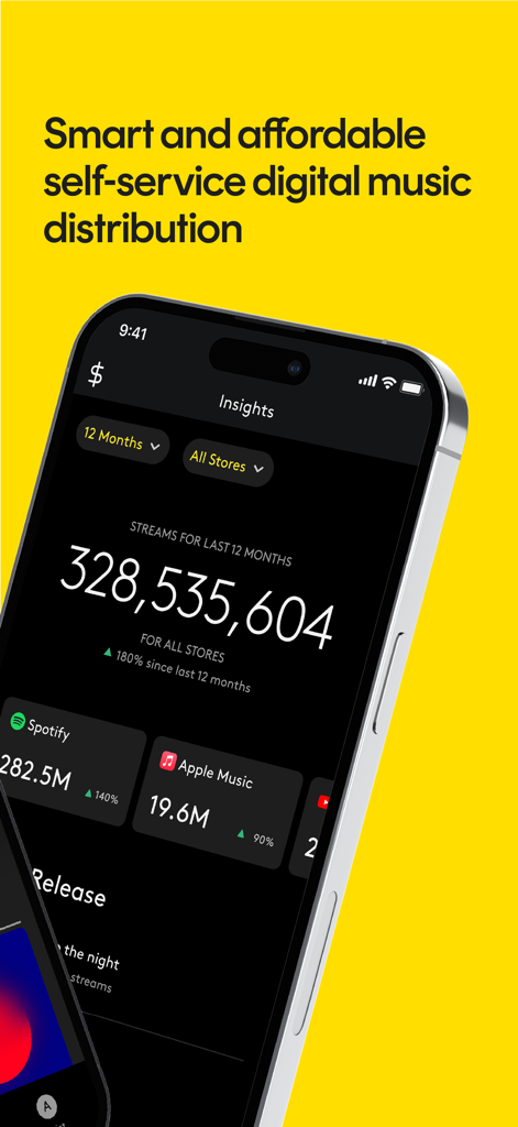 Smartphone screen displaying music streaming insights and distribution data for independent artists on the Amuse app