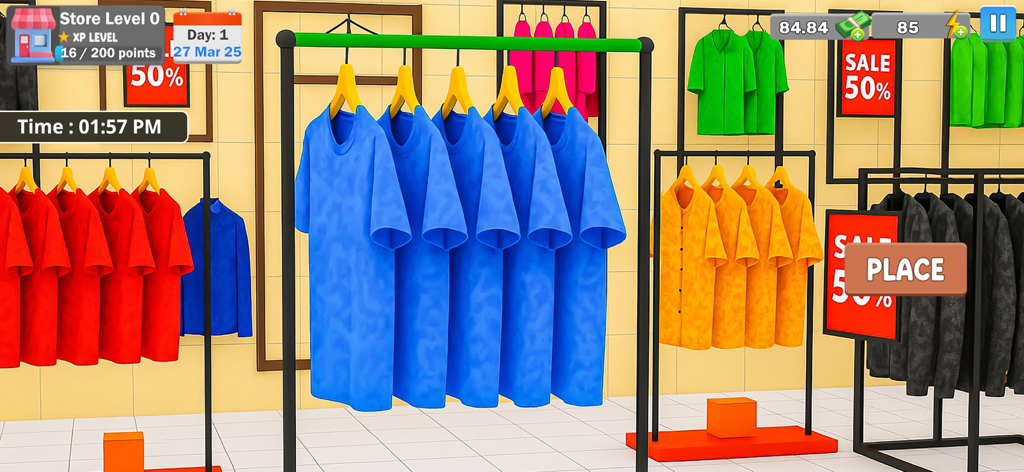 My Garments Shop Wear Sim Game - ディスプレイラックにカラフルなシャツが並び、セールサインがあるファッションブティックの内部