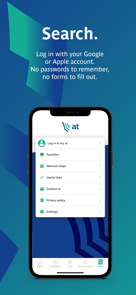 Menu interface of the at bus app showing account login and navigation options