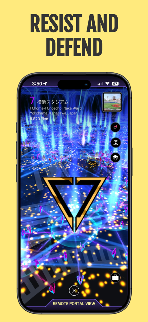 Ingressモバイルアプリのスクリーンショットで、横浜スタジアムのリモートポータルビューに「抵抗し、防衛せよ」という見出しが表示されている