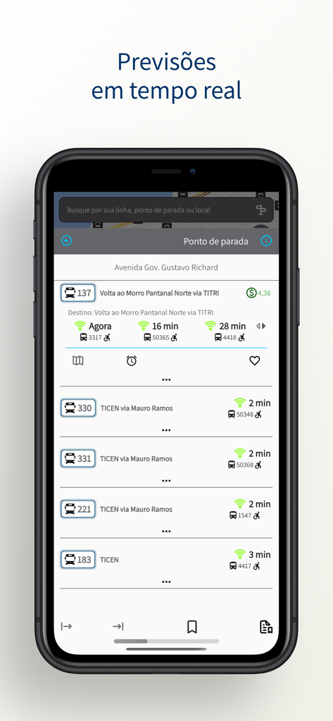 Tela de smartphone mostrando previsões de chegada de ônibus em tempo real para o aplicativo de transporte público Floripa no Ponto 2.0