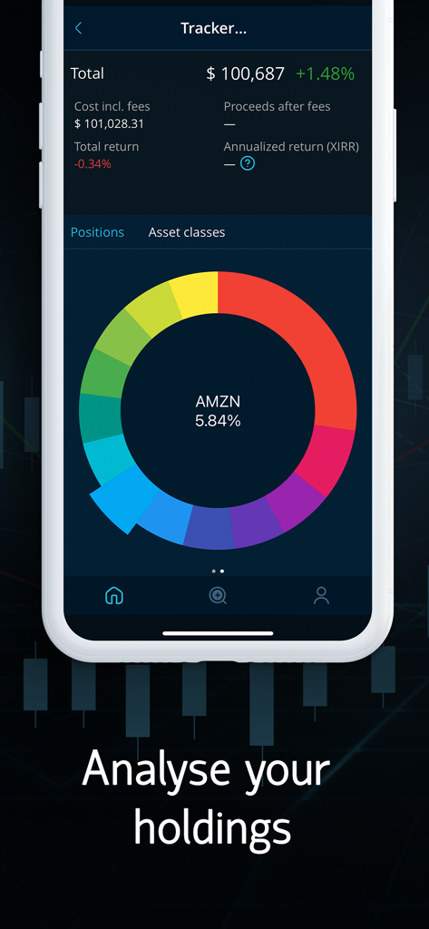 주식 포트폴리오 보유 분석을 위한 다채로운 파이 차트를 보여주는 LiveQuote 앱 스크린샷