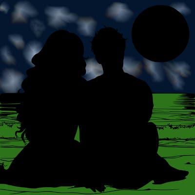 realistic couple on beach sat looking out to sea under the moon woman has long wavy hair man has short hair