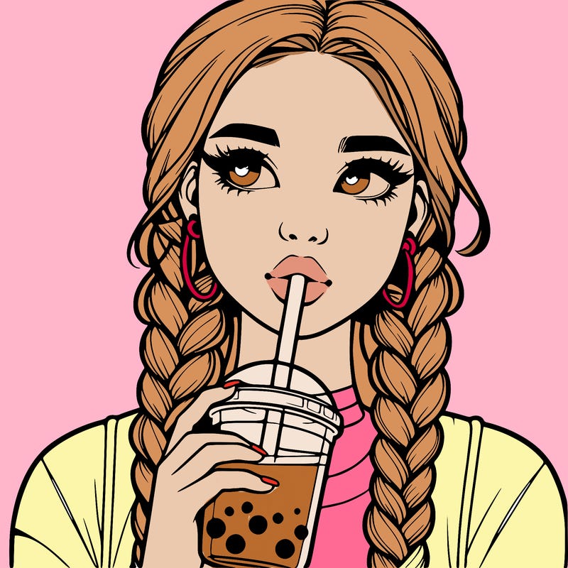 realistic girl with braided hair drinking boba