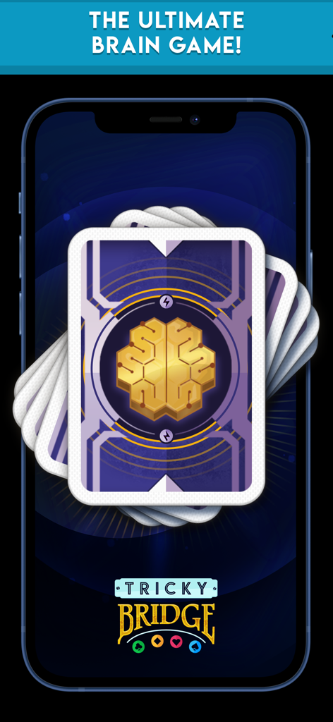 A smartphone showing a Tricky Bridge playing card with a golden brain icon and the text The Ultimate Brain Game