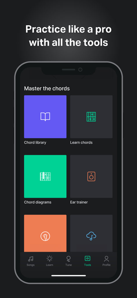 Ein Mobile-App-Bildschirm für GuitarTuna, der verschiedene Übungswerkzeuge anzeigt, darunter eine Akkordbibliothek und einen Gehörtrainer