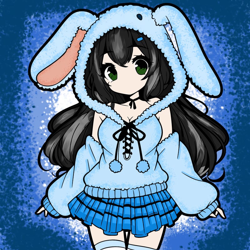 pretty anime girl wearing a fluffy hoodie with bunny ears on the hood and a skirt