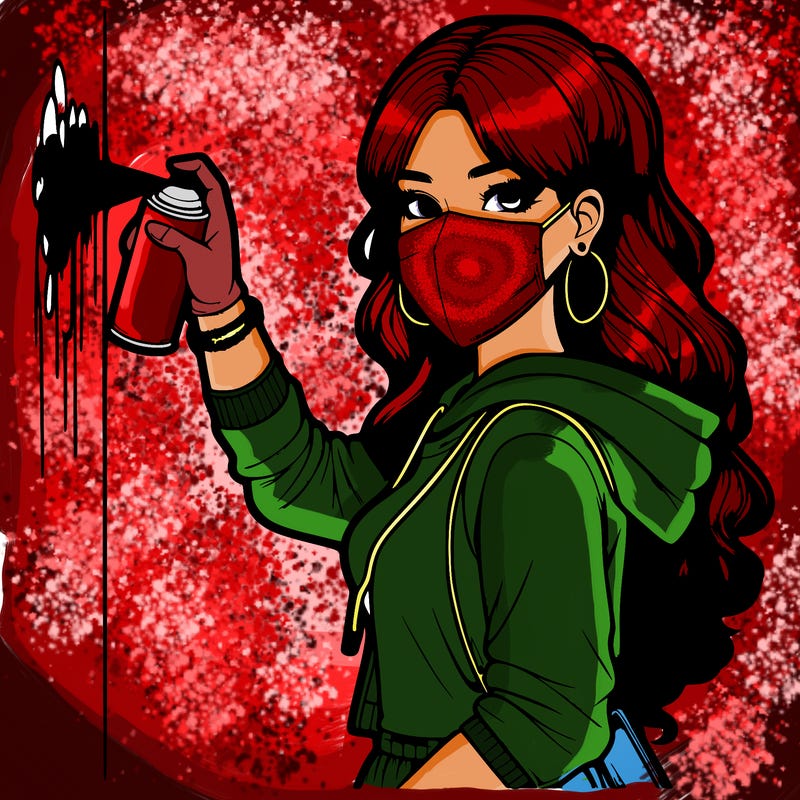 realistic girl with mask spray painting a wall