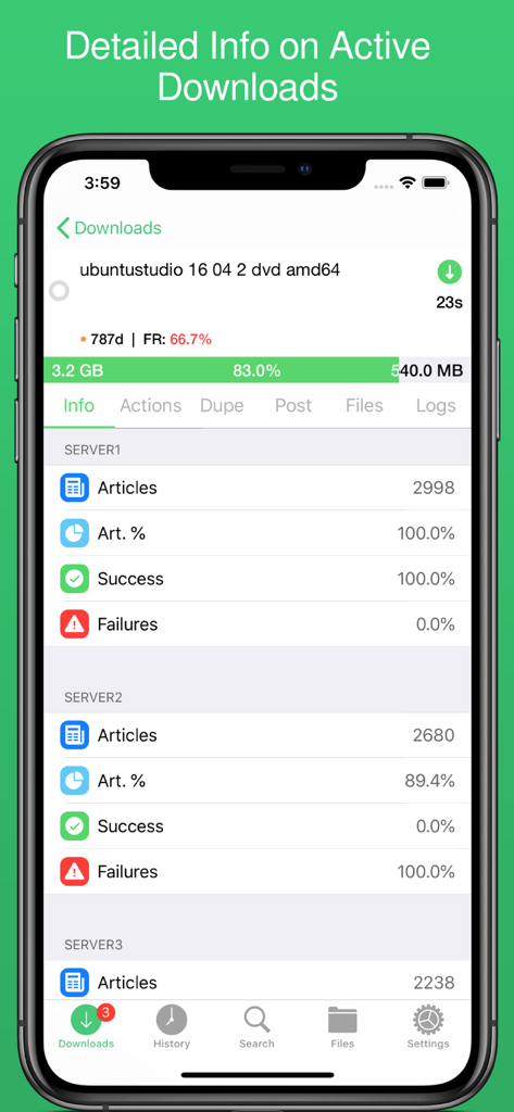Detailed active download screen in NZBClient showing progress and server success rates