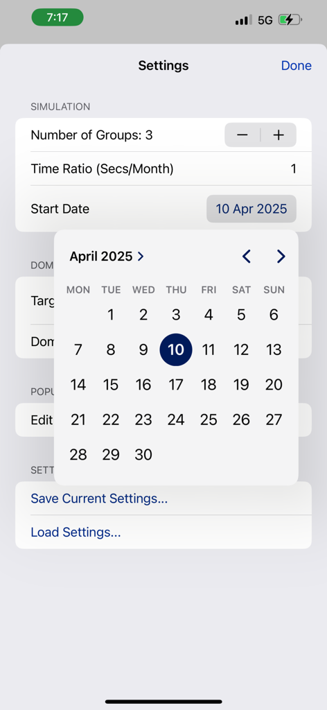 Settings screen of the Populion population simulator app showing a calendar date picker for the simulation start date