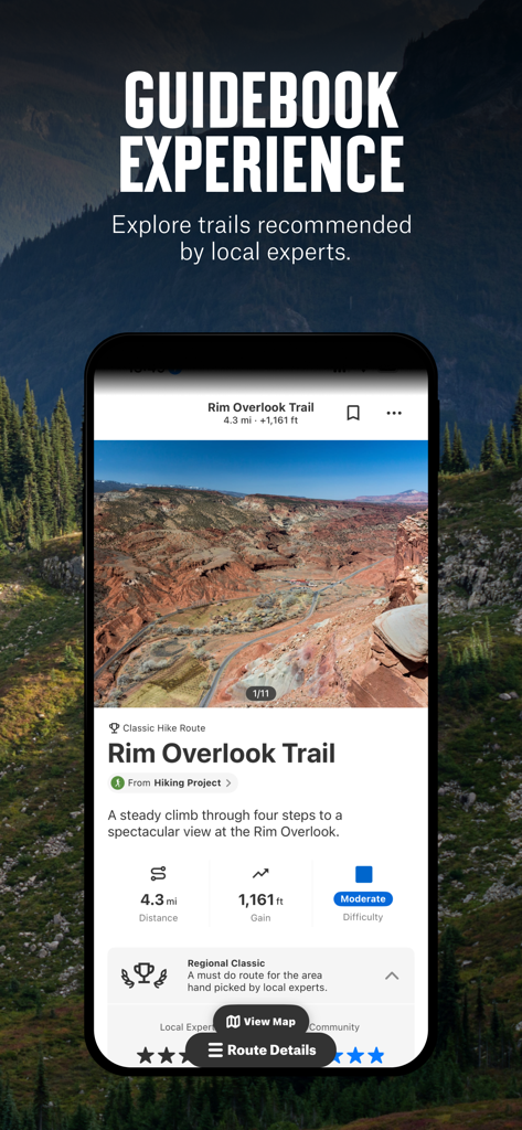 onX Backcountry app displaying Rim Overlook Trail details including distance elevation gain and difficulty