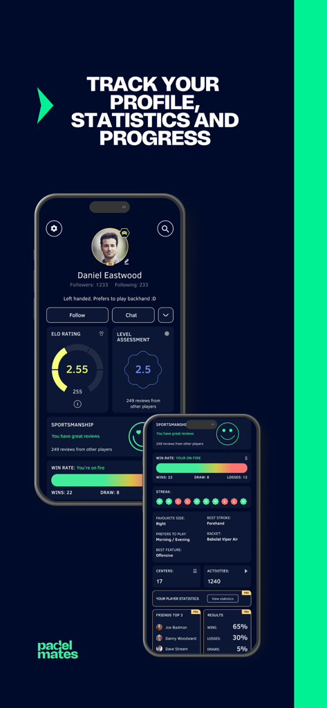 Padel Mates mobile app interface showing player statistics including ELO rating level assessment and win rate streaks
