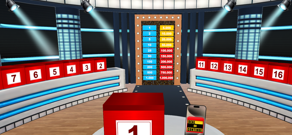 Interface of the Deal or Continue mobile game showing a virtual TV studio with red numbered briefcases and a money prize board