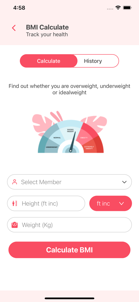 My IDC - My IDC app BMI calculator screen showing a health tracking gauge and input fields for height and weight.