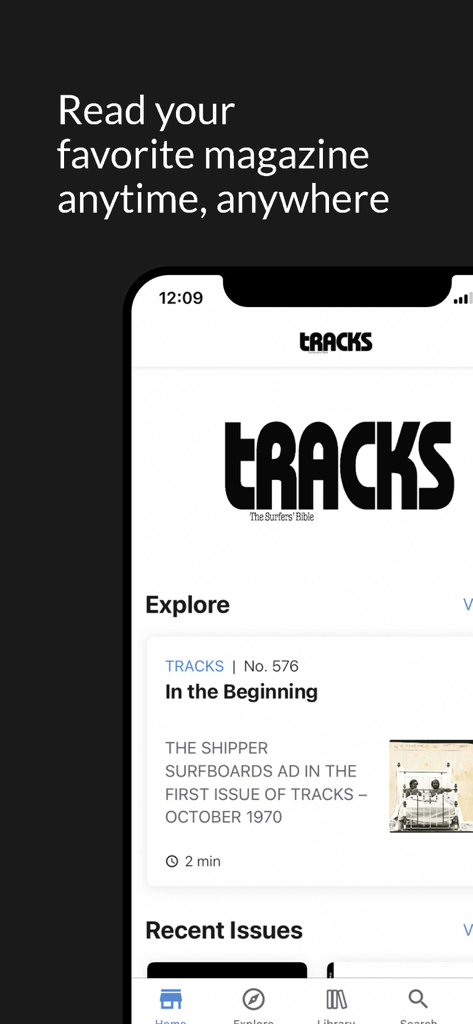 Tracks Magazine - Tracks Magazine app home screen on a mobile phone showing surfing articles and the tagline read your favorite magazine anytime anywhere
