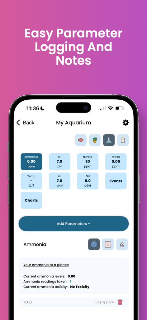 Fishi: Aquarium Manager - Fishi app screen for tracking aquarium water parameters including ammonia and pH levels.