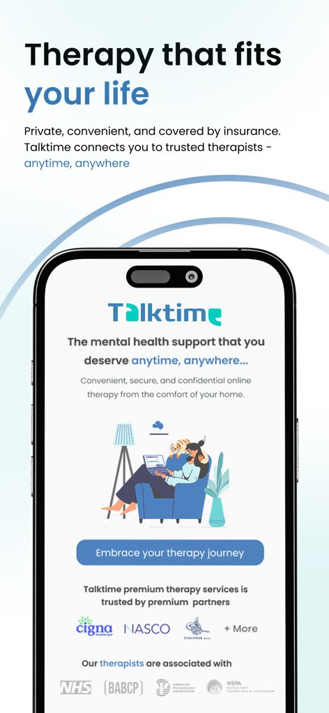 Talktime app interface showing therapy that fits your life with licensed professionals and insurance coverage options