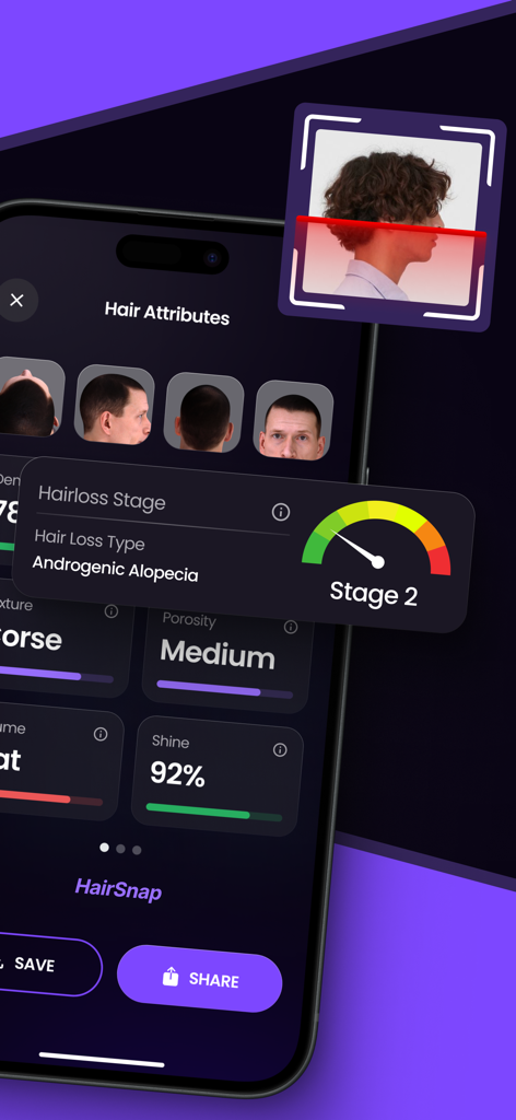 Mobile app interface displaying AI-powered hair loss analysis and health attributes