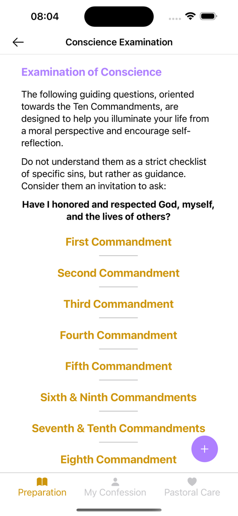 Pantalla de Examen de Conciencia en la aplicación Espejo de Confesión mostrando categorías basadas en los Diez Mandamientos.