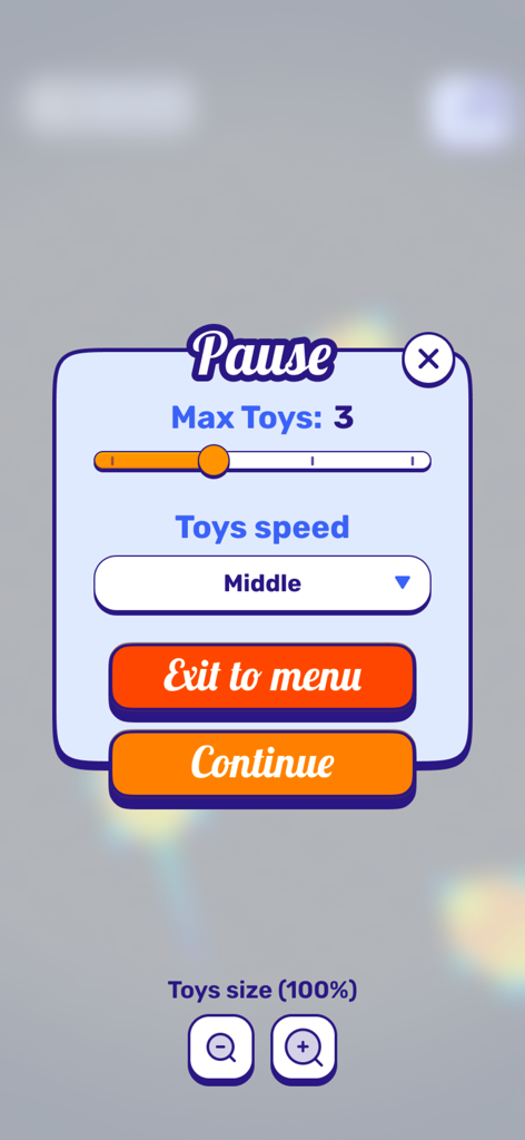 Menu pause dans le jeu Peppy Cat montrant les paramètres personnalisables pour la vitesse et la taille du nombre de jouets