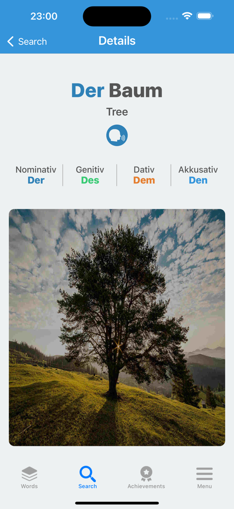 Casos de sustantivos alemanes y artículos para Der Baum en la aplicación de aprendizaje de idiomas