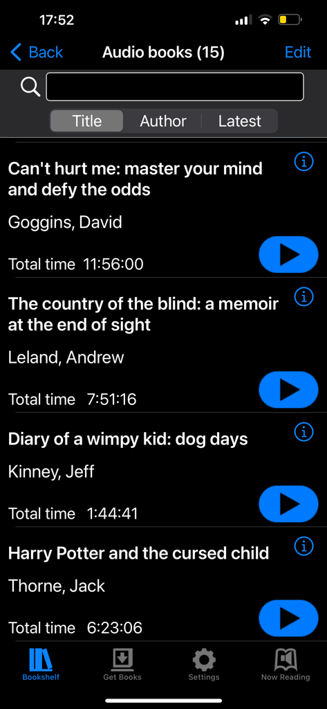 BARD Mobile - BARD Mobile app bookshelf screen showing a list of audio books with blue play buttons