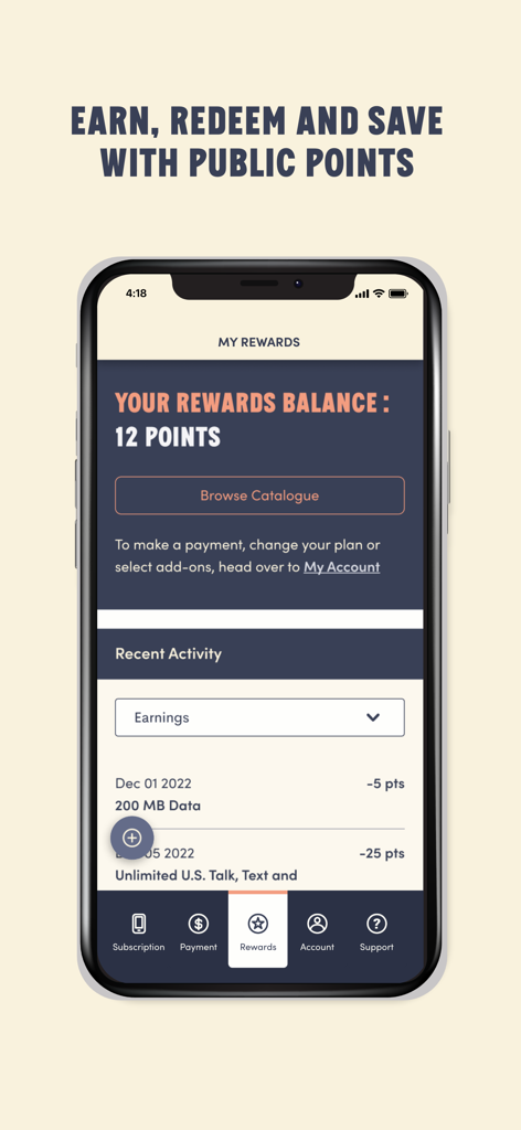 Panel de recompensas de la aplicación Public Mobile que muestra el saldo de puntos y la actividad reciente