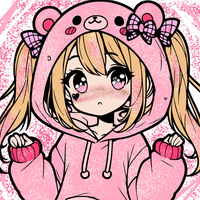 cute anime girl with ponytails and a cute bear hoodie