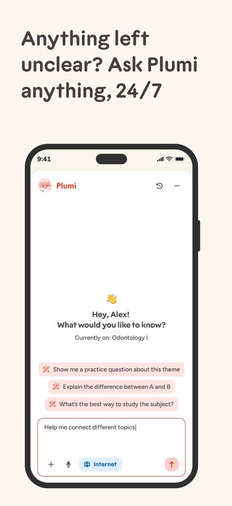 Educato app AI tutor interface showing a study chat with Plumi for personalized exam prep.
