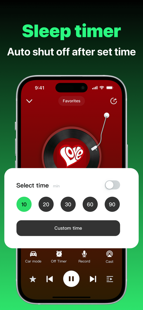 FM Radio: Music, Sports & News - Interfaz de la aplicación Radio FM mostrando la función de temporizador de apagado con varios ajustes preestablecidos de minutos para apagado automático.