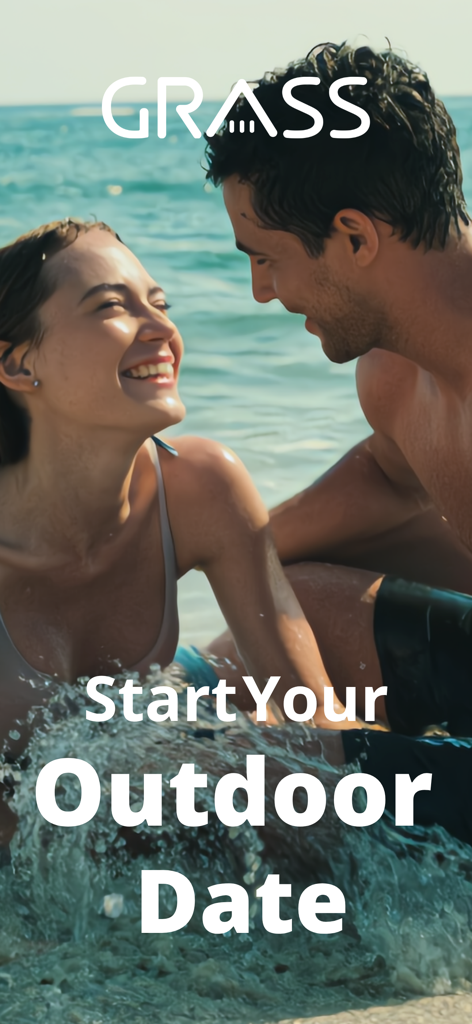 GRASS: Outdoor Dating & Meet - A happy couple laughing and enjoying an outdoor beach date through the GRASS app
