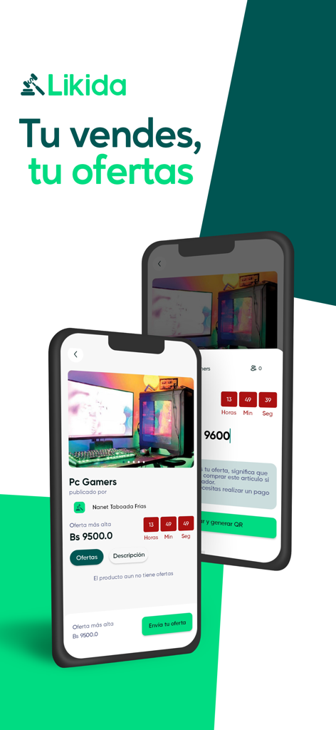 Likida - Likida app interface showing a gaming PC auction with bidding options and a countdown timer.
