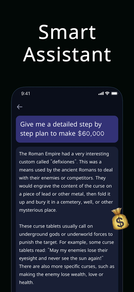 Interface de chat do aplicativo G.AI Smart Assistant mostrando uma consulta do usuário e resposta da IA