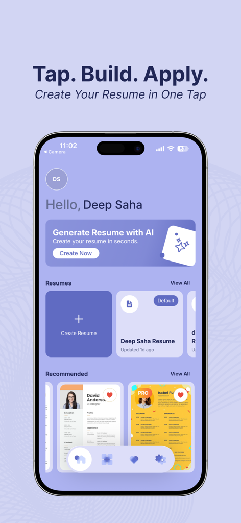 VibeCV-Mobile-App-Dashboard mit der KI-Lebenslauferstellungsfunktion und professionellen Lebenslaufvorlagen
