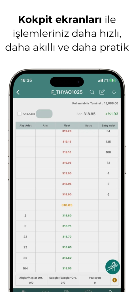 Osmanlı Aktif Trader - Osmanli Aktif Trader mobile app cockpit interface showing market depth and trading prices.