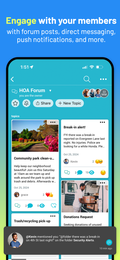 Bublup - Bublup app interface showing a visual HOA forum with community posts and member engagement features