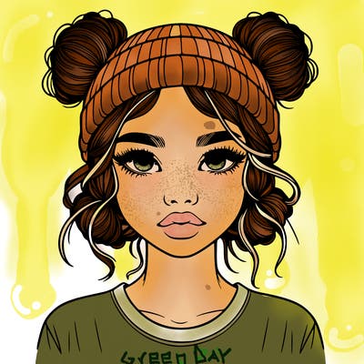 realistic girl with buns in her hair with a beanie on