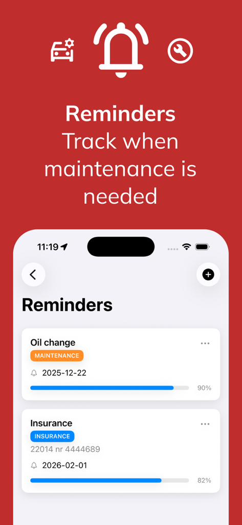 Fuelio - Gas Log & Mileage - Fuelio app reminders screen showing oil change and insurance tracking with progress bars