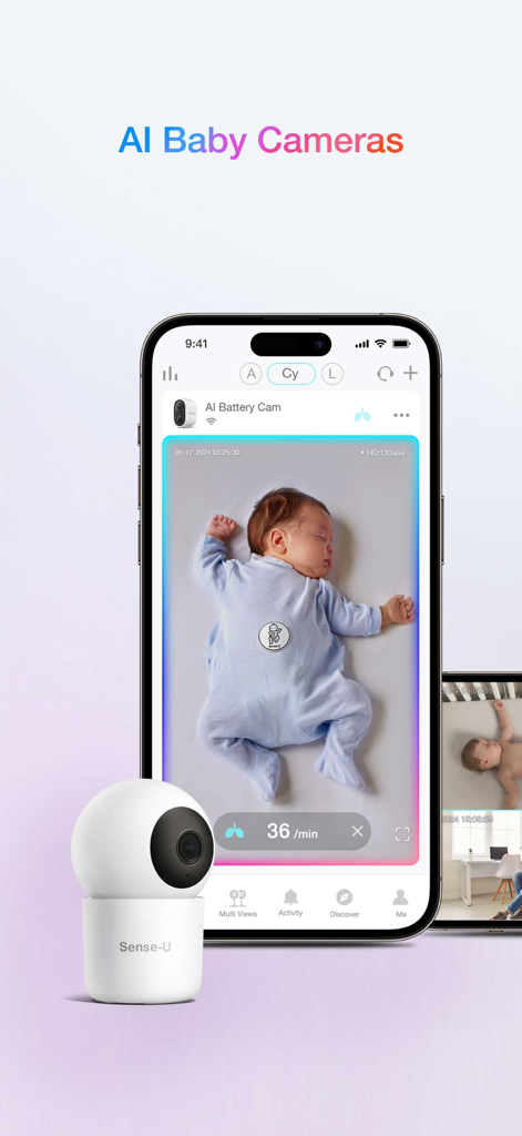 Sense-U Baby - Sense-U Baby app displaying a live video feed of a sleeping baby with real-time breathing data and the accompanying white AI camera