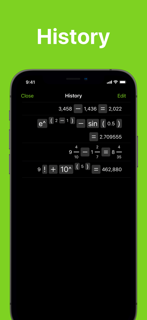 Calculator +ㅤ - Schermata della cronologia dei calcoli in Calcolatrice Plus che mostra un elenco di operazioni matematiche precedenti, inclusa la notazione scientifica e le frazioni.