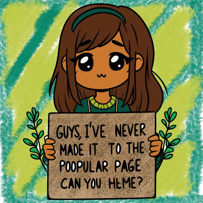 a girl holding up a sign that says, guys, i’ve never made it to the popular page, can you help me?