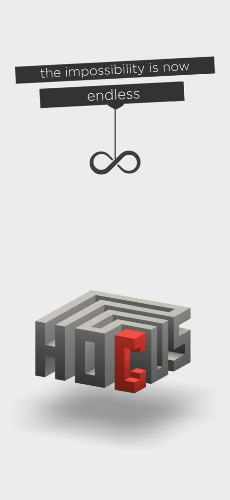 hocus. - Minimalist 3D isometric puzzle game screenshot with impossible geometry and infinity symbol