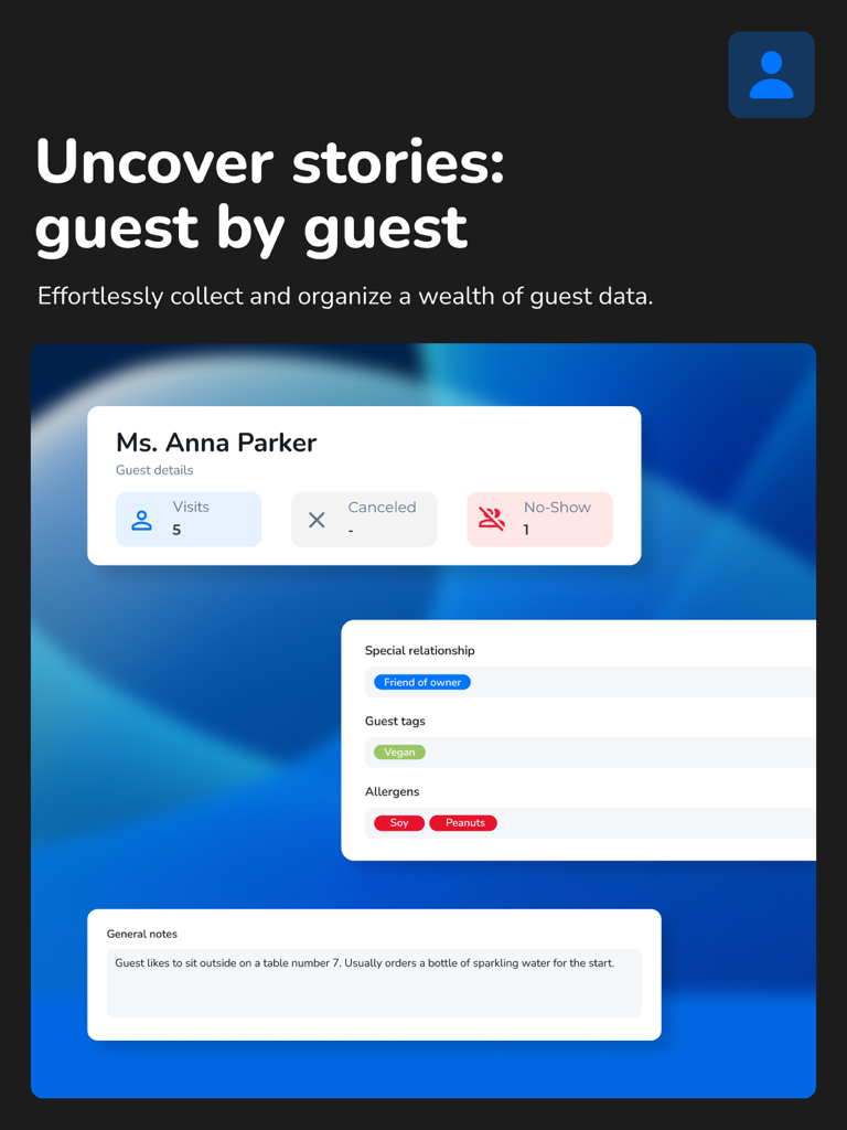 dotyourspot business | tablet - ホスピタリティ管理のための訪問履歴、食事制限タグ、および個人的な好みを表示するdotyourspotアプリのデジタルゲストプロファイル。