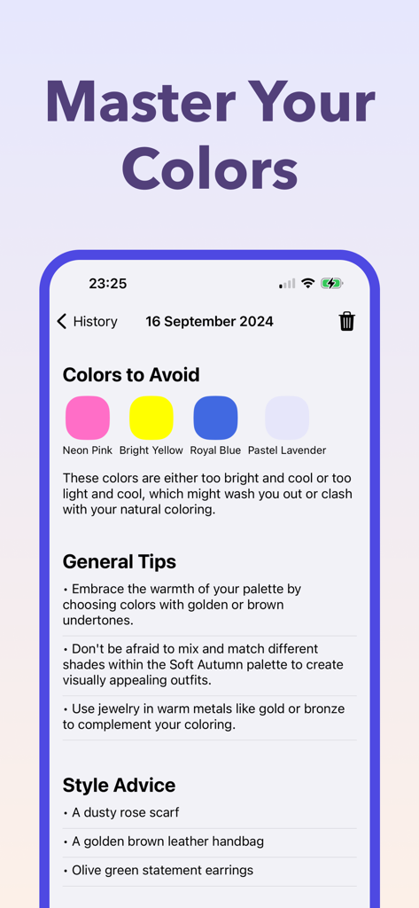 Mobile app screen showing personalized color analysis results with style tips and a list of colors to avoid for a Soft Autumn palette