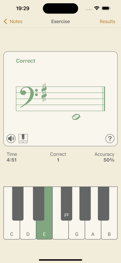 Music Buddy Pro – Learn notes - Music Buddy Pro app screenshot showing a bass clef note identification exercise with a virtual piano keyboard interface.