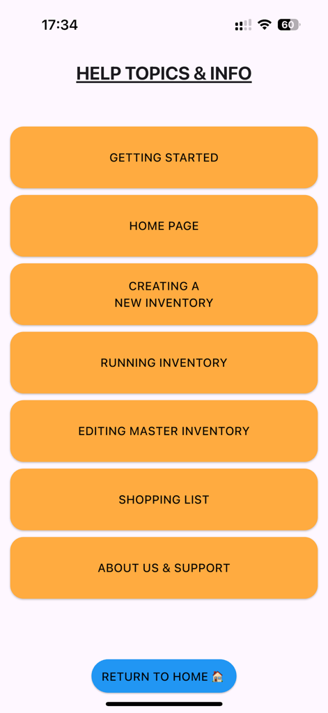 KITCHEN INVENTORY - Help Topics and Info screen with navigation buttons for Getting Started, Inventory management, and Shopping List support.
