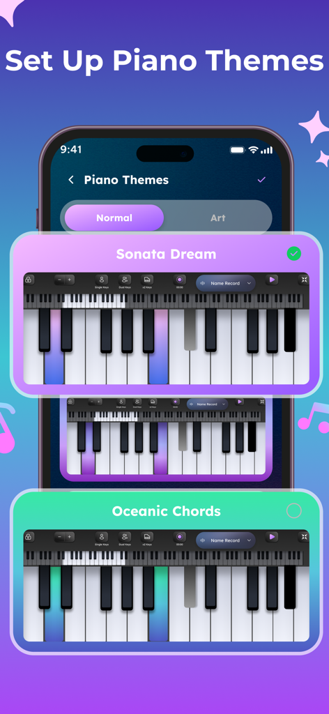 Trioplay: Piano - Learn & Game - Interface para escolher temas de teclado de piano no aplicativo Trioplay